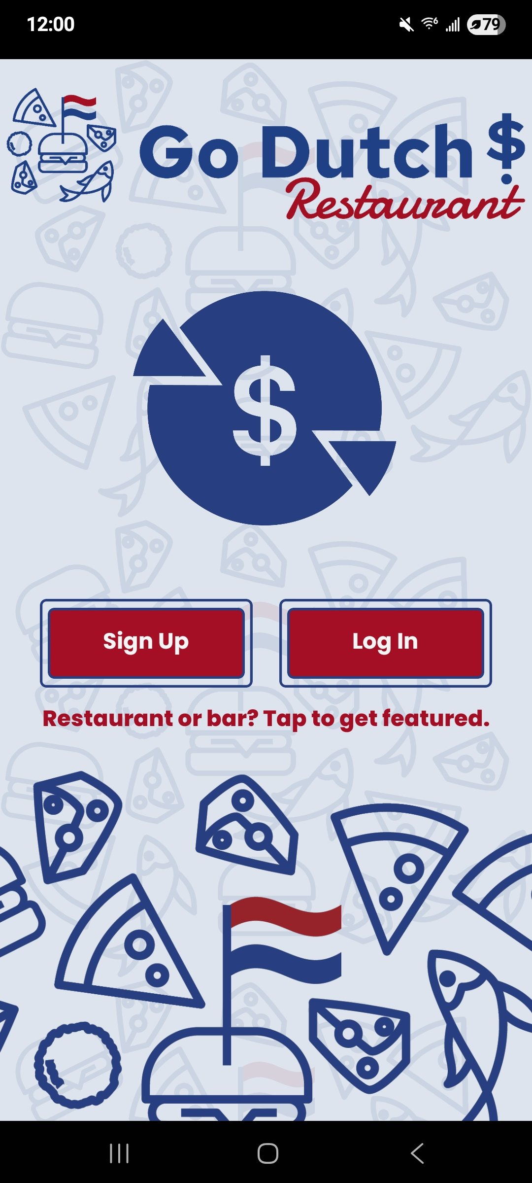 Go Dutch restaurant app - log in screen
