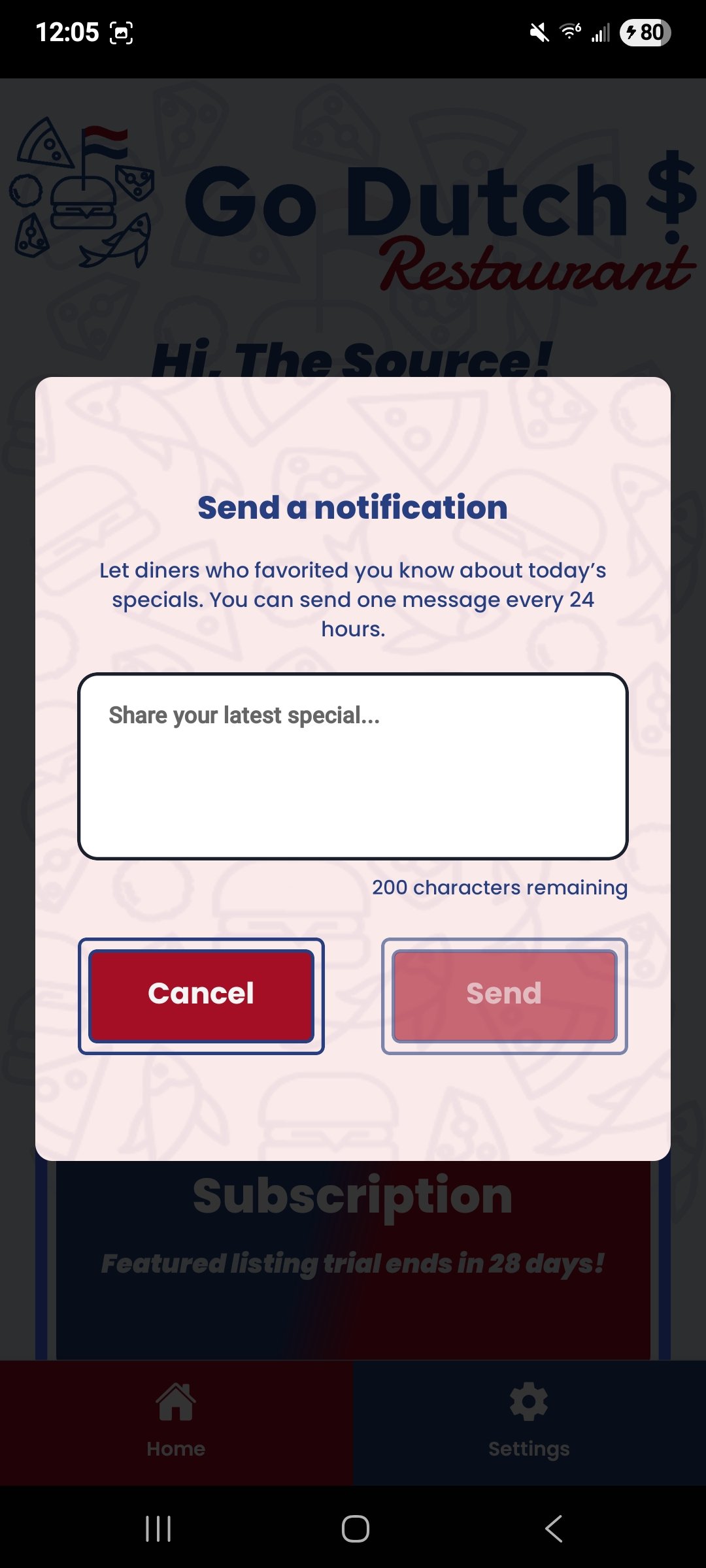 Go Dutch restaurant app - Send message